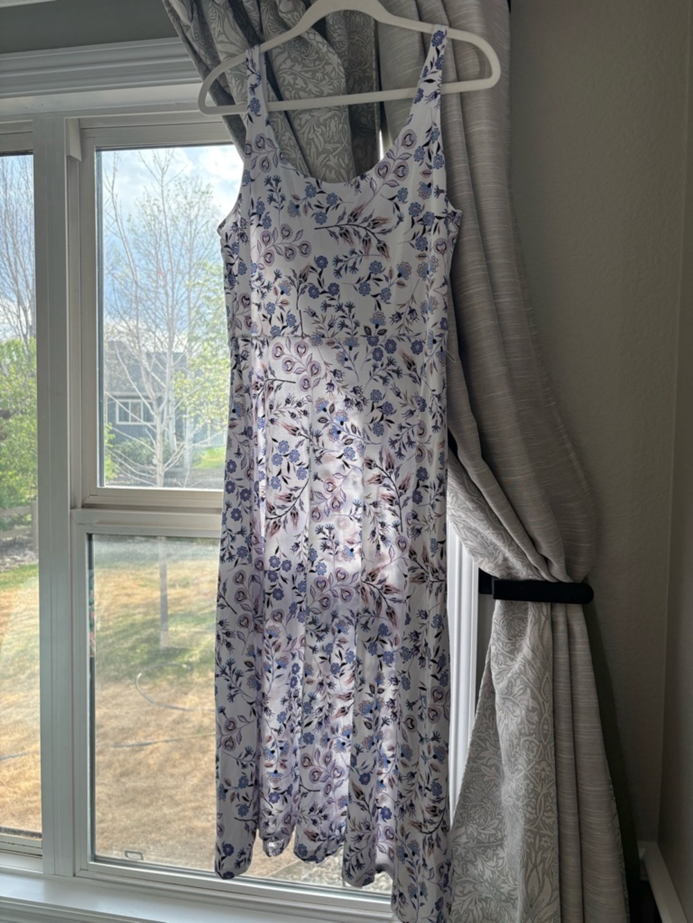 LOFT White Floral Slip Dress with Lavender and Blue Blooms